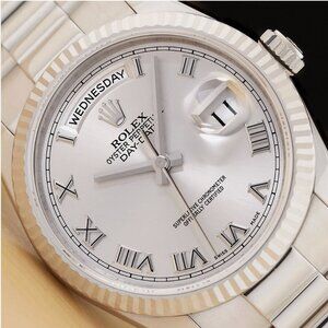ROLEX MENS DAY-DATE SILVER ROMAN DIAL 18K WHITE GOLD PRESIDENT 36MM WATCH